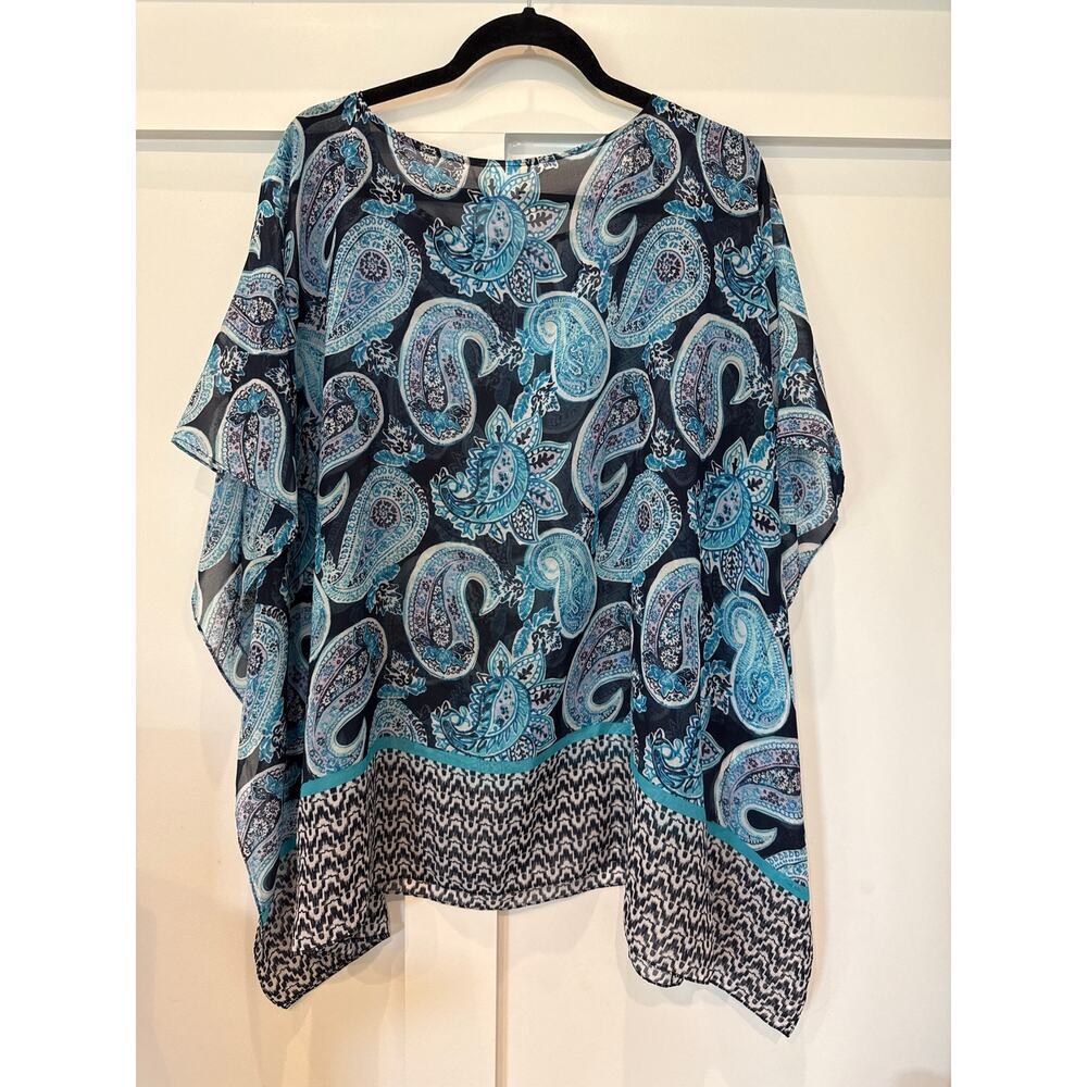 Talbots Poncho Style Semi-Sheer Blue Paisley Blouse, L/XL - Picture 5 of 6